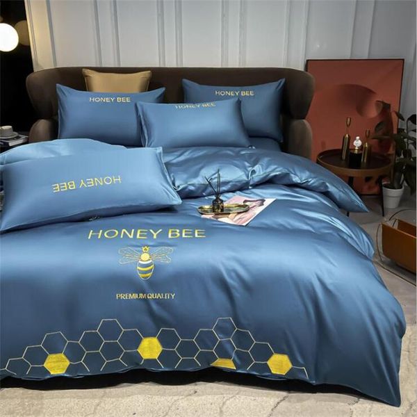 

bedding sets 100% cotton super soft honey bee embroidery set comforter duvet cover solid color 220x240cm bed sheets pillowcases x09