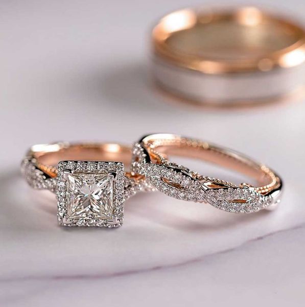 Splendidi 3 pezzi/set fedi nuziali da donna mosaico CZ bicolore romantico anello di fidanzamento femminile regalo di gioielli di moda GGG