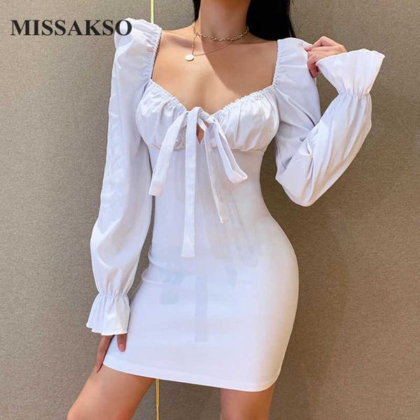 

missakso women bodycon dress puff sleeve lace up elegant v neck black white club party autumn backless dress ladies 210625, Black;gray