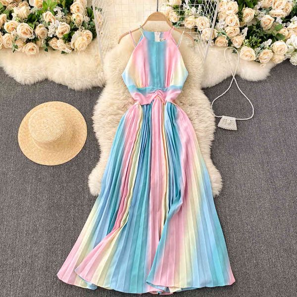 Temperamento di primavera Vestidos femminile senza spalline fionda piazza quadrato rainbow gradiente colore dimagrante vacanza abito mido c361 210506