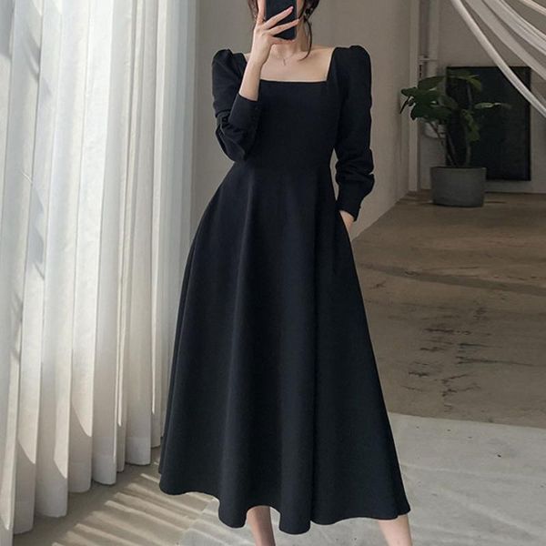 

casual dresses french style long sleeve square collar a line dress female vintage empire waist black for women 2021 midi length fall vest, Black;gray