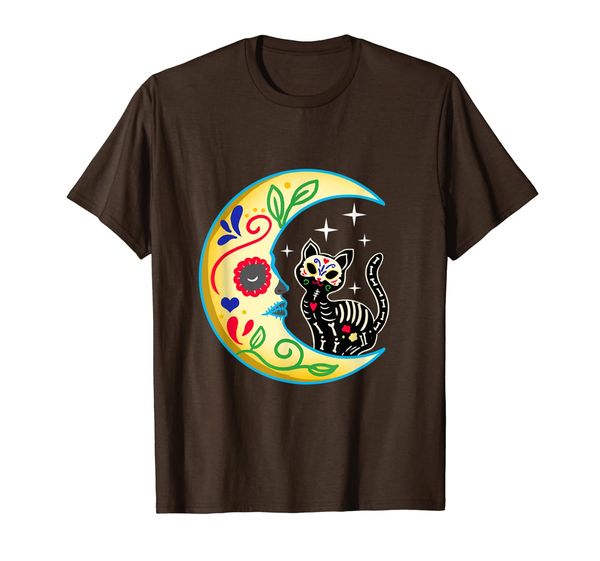 

cat moon sugar skull dia de los muertos, day of the dead t-shirt, White;black