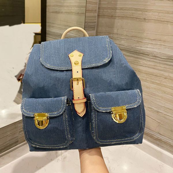 

denim backpack women shoulder travelling bag handbag canvas embroidery letter hasp gold hardware buckle patchwork color
