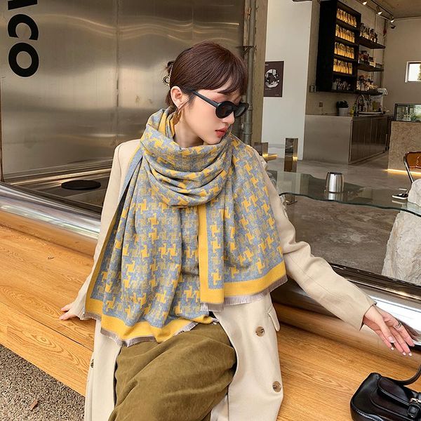 

scarves winter design women cashmere scarf soft double-sided jacquard print warm shawl, Blue;gray