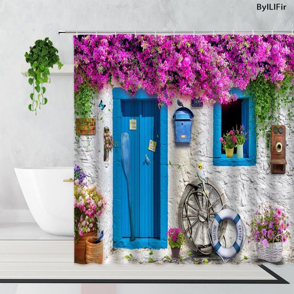 

shower curtains italian street view curtain purple floral blue wooden door lifebuoy mediterranean coastal scenery bathroom decor