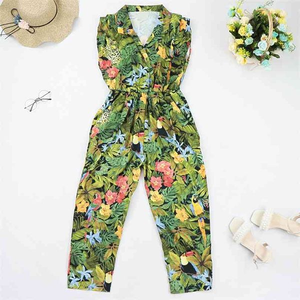 Frauen tropische Blumenblätter drucken siamesische Strampler Damen ärmellose Overalls lässig elastische Taille Taschenhose 210520