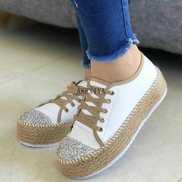 Mulheres Plus Size Shoes Fall 2021 Novo Europeu e Americano Brilhante Diamante Sapatos Femininos Lace-up Sapatos Flat Y0907