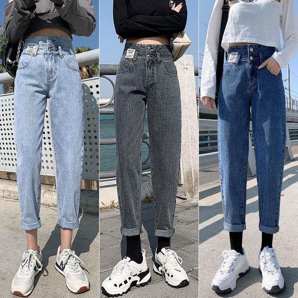 

high waist jeans women vintage streetwear straight pencil denim pants plus size casual retro women's, Blue