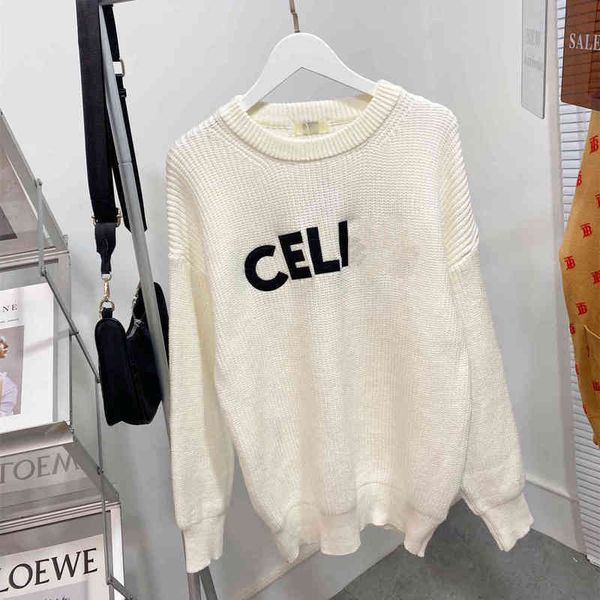 

2022 factory wholesale new cel saijia's autumn embroidered letter long sleeve knitted is thin and loose round neck sweater for women, White;black