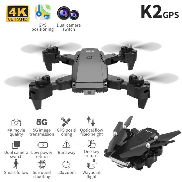 

New 5G K2 pro GPS drone 4k HD dual camera visual positioning 1080P WiFi fpv mini drone height 1KM long distant rc quadcopter, 2.4g 4k 1b