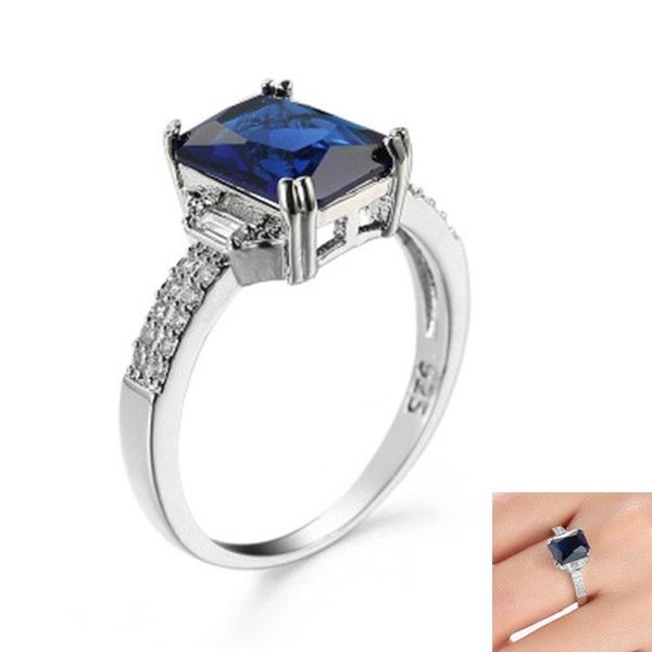 

cluster rings ladies commitment zircon ring luxury blue square engagement copper plated gift silver jewelry sz 6-10, Golden;silver