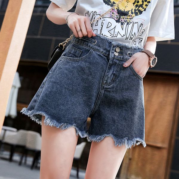 

women's jeans denim shorts high waist net red korean fashion summer 2021 style wear thin loose a-line wide leg pants, Blue