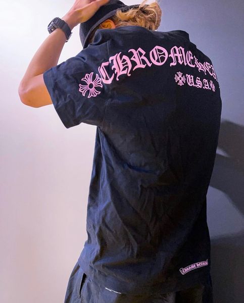 

summer new ch crosin cherry pink sanskrit alphabet print limited short sleeve lovers trend t-shirt for men and, White;black