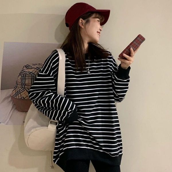 

hong kong chic striped sweater women's spring and autumn thin fashion ins loose korean bf lazy coat, Black