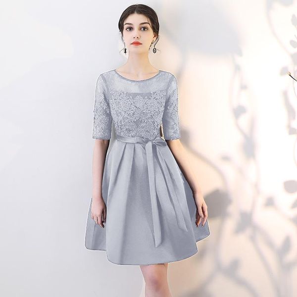 

gray female sweet appliques short dresses elegant half sleeve o-neck satin skirt s-xxl summer bridesmaid wedding party gown ethnic clothing, Red
