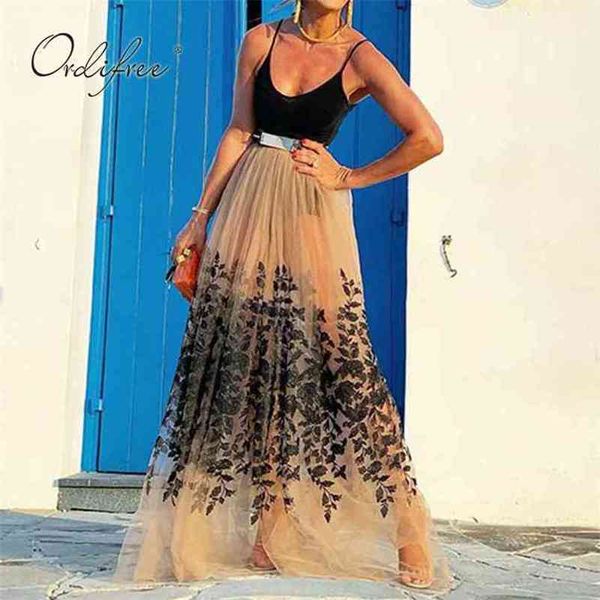 

summer women tulle long dress spaghetti strap embrpidery maxi 210513, Black;gray