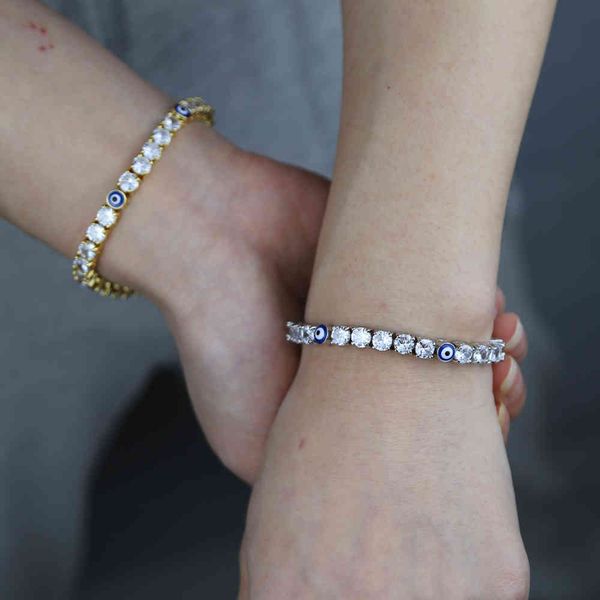 

arrived 5mm crystal tennis turkish blue eyes bracelet 5a cz iced out luxury hip hop bangles whole women jewelry, Golden;silver