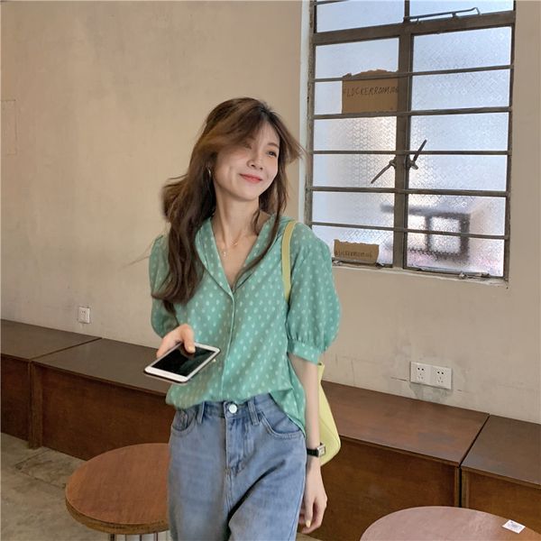 

korean style light green floral loose short sleeve notched vintage all match causal street wear women shirts 210522, White