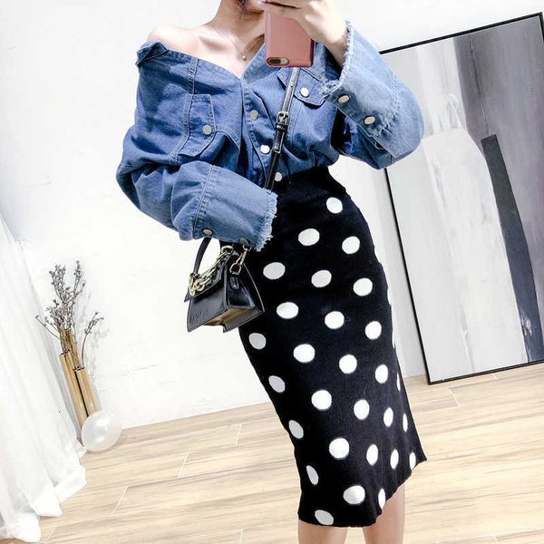 

skirts vintage chic polka dot knit women elegant retro flavor package hip jupe femme rokken office pencil high waist skirt kput, Black
