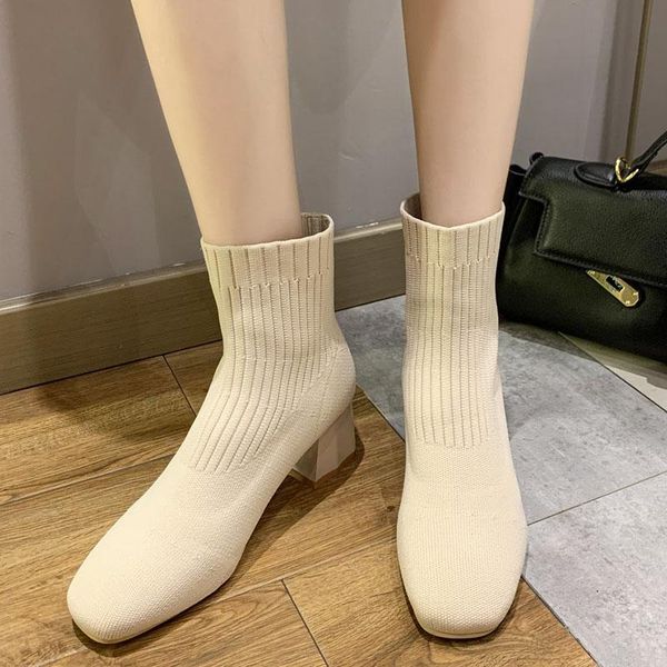 

boots rimocy autumn soft knitted elastic socks women fashion square toe thick heel ankle woman yellow slip on botas mujer, Black