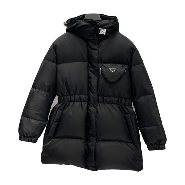 

designer luxury women classic outdoor long down jackets winter coat re-nylon triangle bag solid color woman clothing keep warm windproof jac, Black