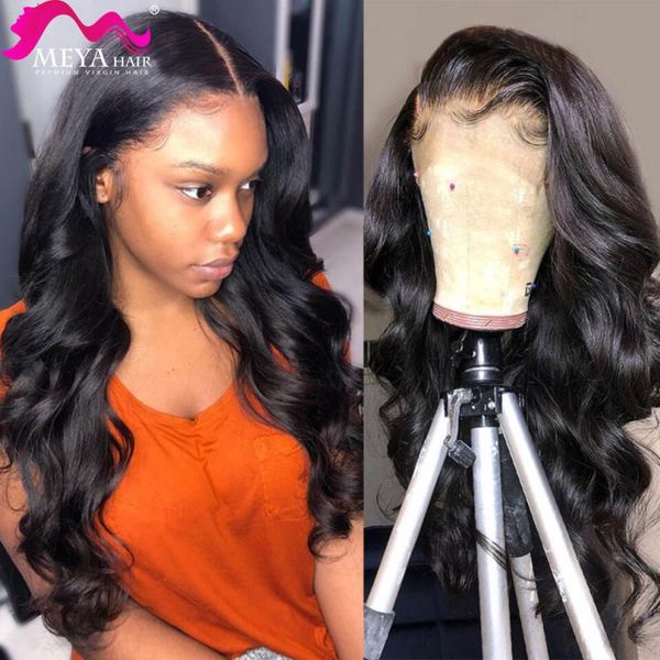 

inch body wave 13x4 lace front wigs pre plucked baby hair brazilian human long frontal wig black women 180%, Black;brown
