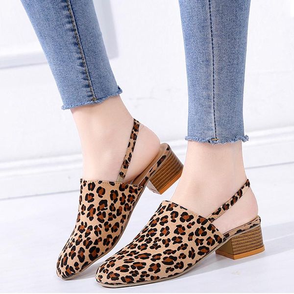 

dress shoes ankle strap heels leopard print women pumps plus size woman cover toe chunky high slip on party female, Black