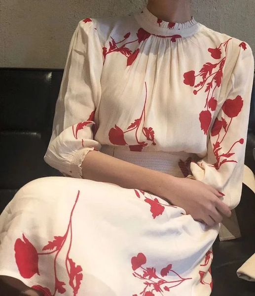 

dress 2021 red and white rose print waist asymmetric midi h5u9, Black;gray