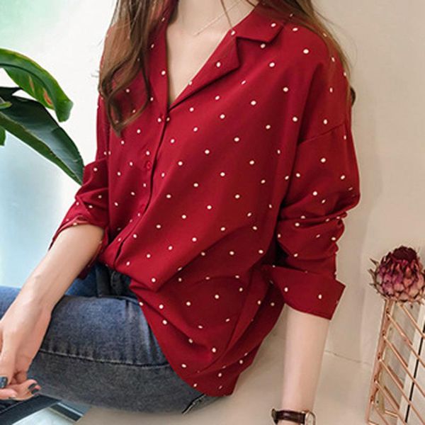 

women's blouses & shirts fashion polk dot chiffon blouse shirt loose buttons tee casual elegant office ladies female women long sleeve, White