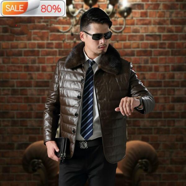 

men's leather & faux 2021 real jacket men autumn winter sheepskin down coat collar genuine jackets t2 b23007, Black