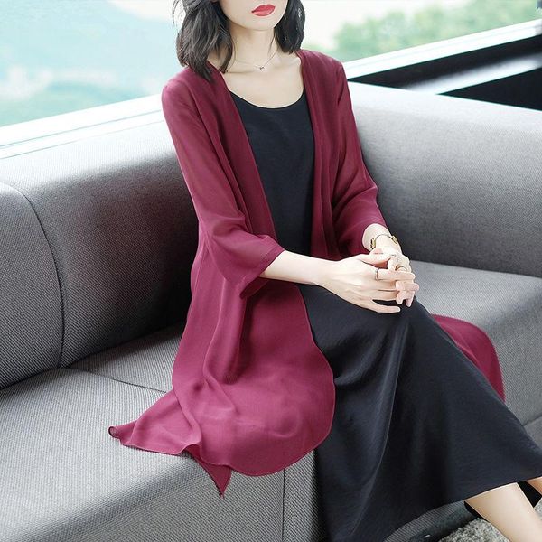 

women's jackets long jacket women spring thin loose see-through sunscreen pure summer coat chiffon bohemian female fashion y568, Black;brown