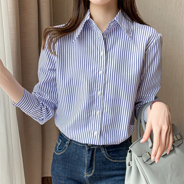 

korean women shirts chiffon blouses long sleeve blouse plus size office lady striped woman basic 210427, White