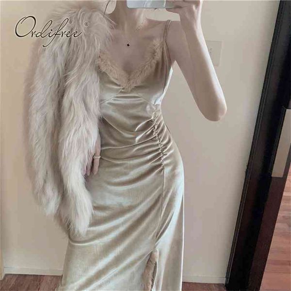 

summer women velvet midi dress elegant vintage fur slit spaghetti strap party 2 pieces 210513, Black;gray