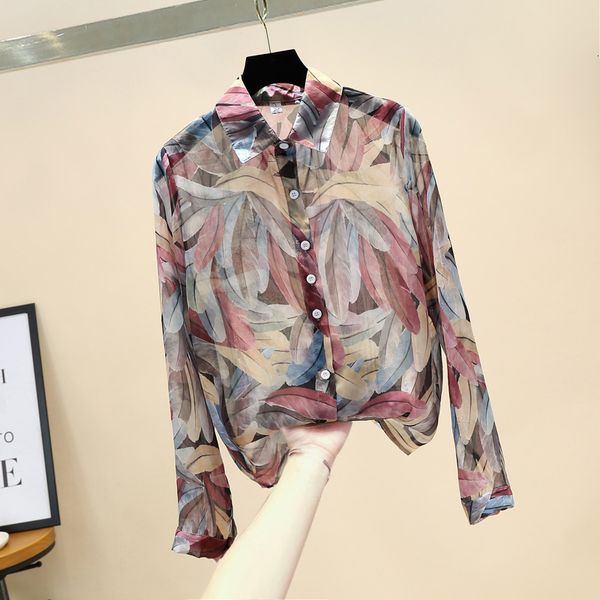 

suits retro feather pattern printed blouse women shirts long sleeve chiffon women's shirt ladies, White;black