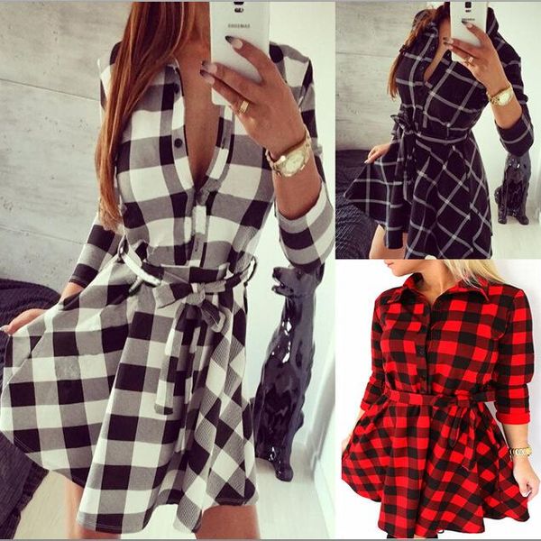 

casual dresses autumn winter women dress plaid print shirt high waist slim vestidos with belt elegant, Black;gray