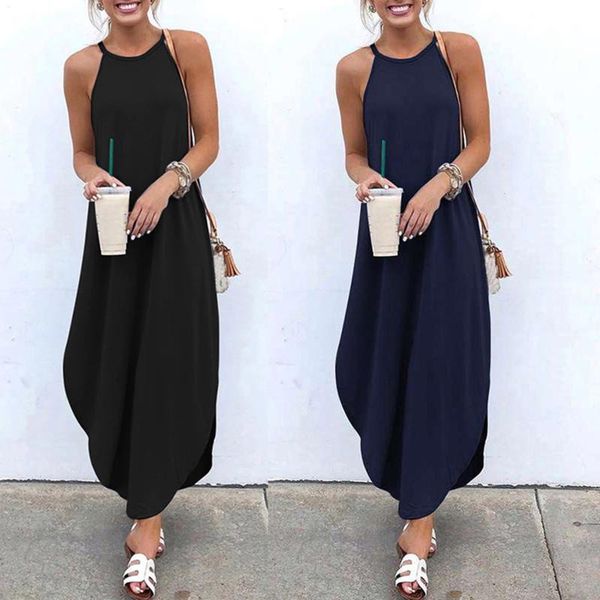 

men's t-shirts women's summer dresses fashion round neck solid color dovetail sling dress lady beach party robe femme d4, White;black