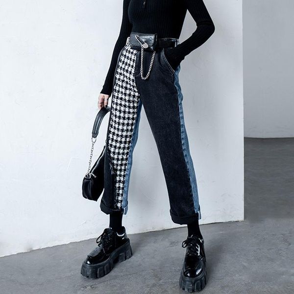 

spring stitching jeans, all-match personality ladies high-waist trousers, denim straight wide-leg pants women's jeans, Blue