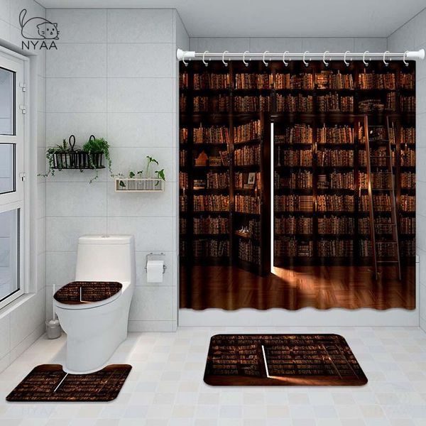 

180x180cm old retro study wooden bookshelf pattern bathroom shower curtain anti-slip kitchen bath mat toliet rug set curtains
