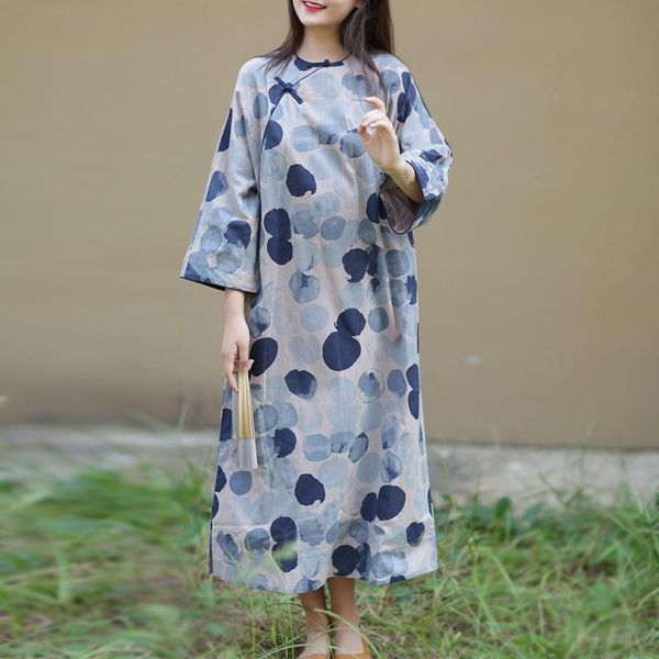 

johnature women vintage cotton dresses o-neck long sleeve loose robes 2021 spring print dot female clothes button casual, Black;gray