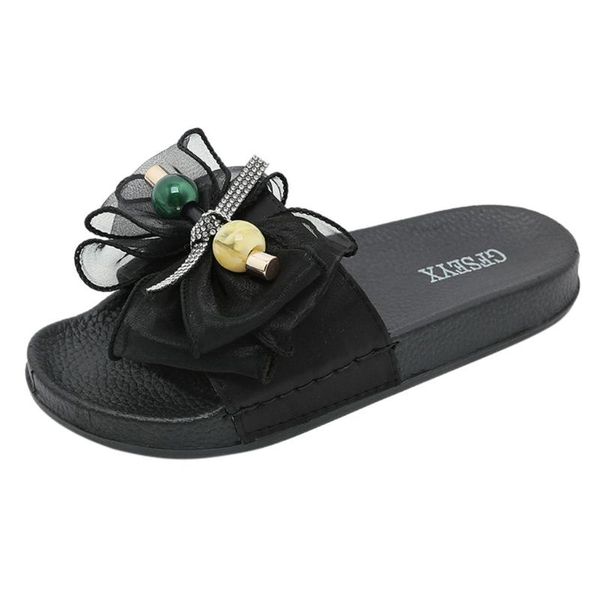 

slippers 2021 summer shoes women butterfly-knot flat sandals outside indoor slip on mules cute beach vacation suede female, Black
