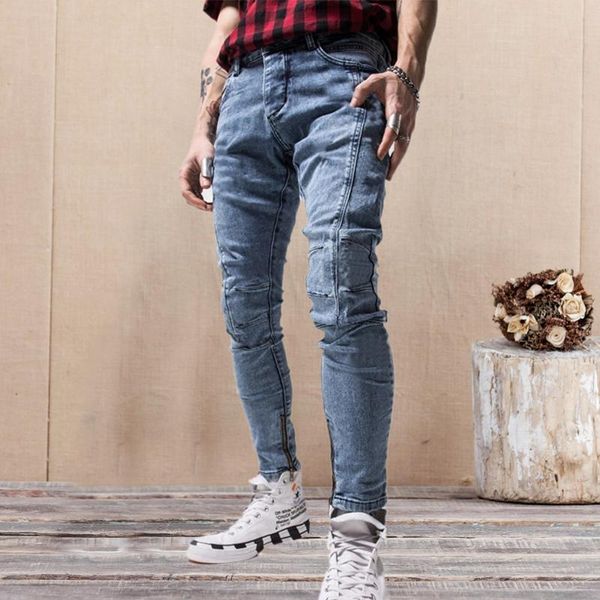 

men's jeans blue skinny stretch denim pants pure color zipper slim fit pencil biker tide male casual trousers