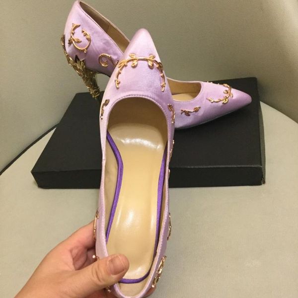

dress shoes fashion wedding party ladies purple gold silver pointed metal decorative leaves silk with, Black