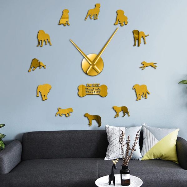 

wall clocks modern english mastiff large dog self adhesive 3d diy clock quartz acrylic mirror surface sticker watch