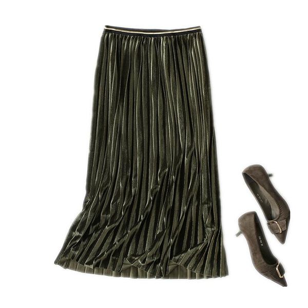 

skirts 2021 autumn & winter arrival high waist gold velvet pleated skirt long saia plus size faldas mujer moda women, Black