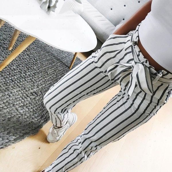 

skinny striped long jeans womens capri tie high waist trouser pantalones mujer korean style trousers female, Black;white