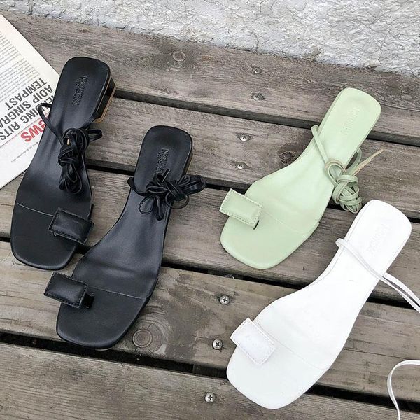 

fashion women flip flops sandals green low high heels lace up gladiator shoes narrow band beach zapatos mujer, Black