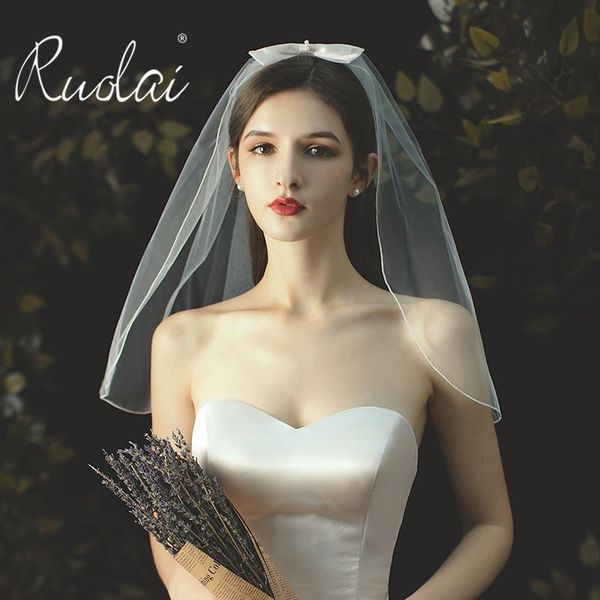

bridal veils cute short wedding veil 2021 single layer pencil edge tulle with bow accessories velo de novia largo, Black