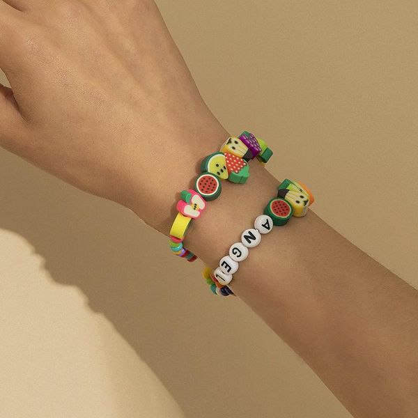 

link, chain ethnic style beaded bracelet colorful fruit acrylic letter ladies bracelets for summer travel simple and fresh accessories, Black