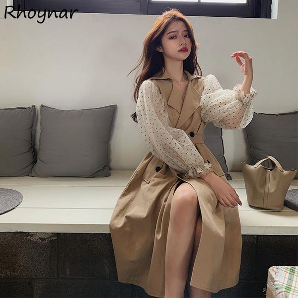 

women's trench coats women fashion patchwork casual elegant korean style vintage mesh lantern sleeve spring autumn tunic double breaste, Tan;black