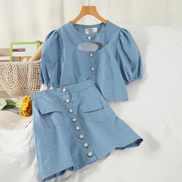 

two piece dress 2021 design bubble short-sleeved scheming shirt + high-waist a-line package hip skirt fashion two-piece age reduction se, White